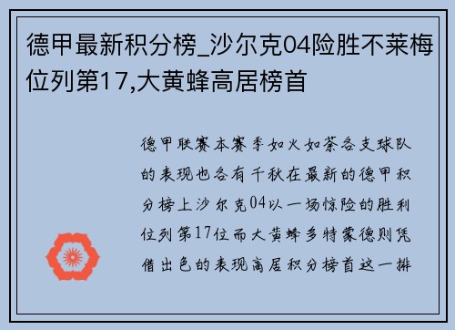 德甲最新积分榜_沙尔克04险胜不莱梅位列第17,大黄蜂高居榜首